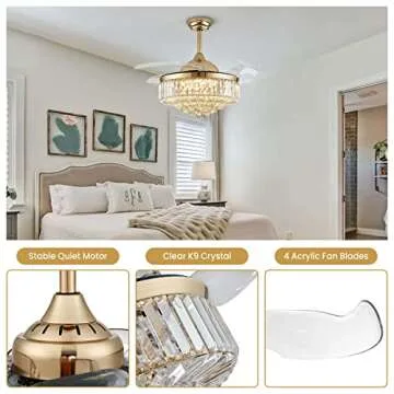 CROSSIO Modern Crystal Ceiling Fan with Lights Gold Retractable Ceiling Fan Dimmable LED Ceiling Fan Light 42" Invisible Fandelier for Bedroom Living Room