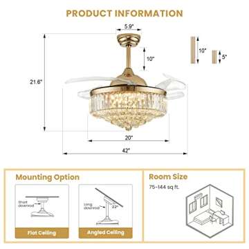 CROSSIO Modern Crystal Ceiling Fan with Lights Gold Retractable Ceiling Fan Dimmable LED Ceiling Fan Light 42" Invisible Fandelier for Bedroom Living Room