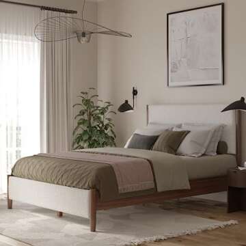 DG Casa Callan Modern Stylish Upholstered Boucle Fabric Solid Wood Bed Frame with Wooden Slats, No Box Spring, Queen Size Bed Frame, Cream