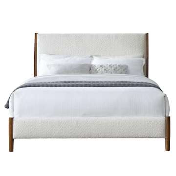 DG Casa Callan Modern Stylish Upholstered Boucle Fabric Solid Wood Bed Frame with Wooden Slats, No Box Spring, Queen Size Bed Frame, Cream