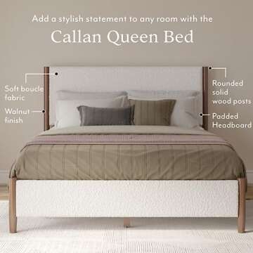 DG Casa Callan Modern Stylish Upholstered Boucle Fabric Solid Wood Bed Frame with Wooden Slats, No Box Spring, Queen Size Bed Frame, Cream