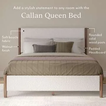 DG Casa Callan Modern Stylish Upholstered Boucle Fabric Solid Wood Bed Frame with Wooden Slats, No Box Spring, Queen Size Bed Frame, Cream