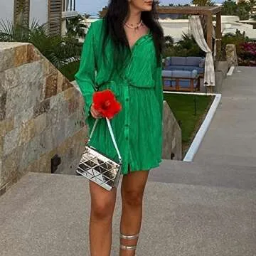 ABYOVRT Women Shirt Dresses Long Sleeve Pleated Mini Dress Casual Button Down Tunic Tops with Belt Vintage Streetwear (A-Green,Small)