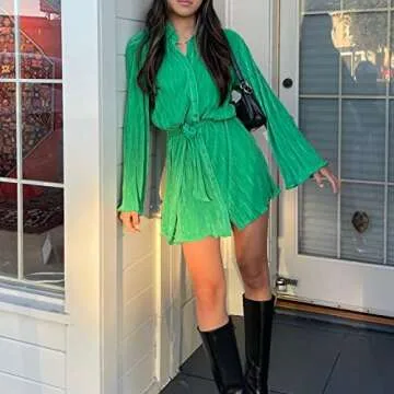 ABYOVRT Women Shirt Dresses Long Sleeve Pleated Mini Dress Casual Button Down Tunic Tops with Belt Vintage Streetwear (A-Green,Small)