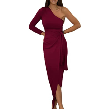 BTFBM Women Elegant Long Sleeve One Shoulder Cocktail Dress Bodycon Ruched Tie Waist Wrap Dress Soli...