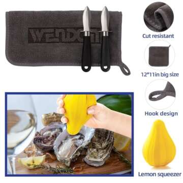 WENDOM Oyster Knife Shucker Set Oyster Shucking Knife and Gloves Cut Resistant Level 5 Protection Seafood Opener Kit Tools Gift(2knifes+2Glove+1Cloth)