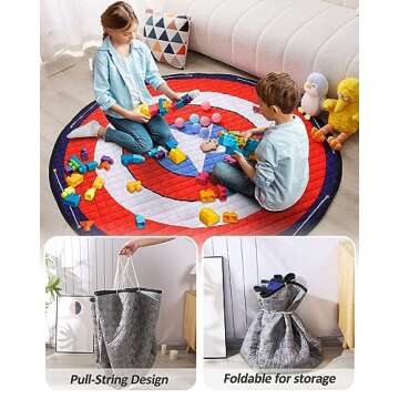 RALMAT Baby Play Mat, Washable Rug, Round Kids Rug, Soft Captain America Rug, Non-Slip Classroom Rug for Children,Toddlers, Infants, Toy Storage Bag Organizer 58x58 Inch