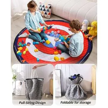 RALMAT Baby Play Mat, Washable Rug, Round Kids Rug, Soft Captain America Rug, Non-Slip Classroom Rug for Children,Toddlers, Infants, Toy Storage Bag Organizer 58x58 Inch
