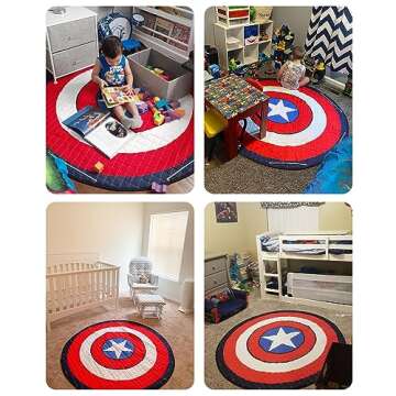 RALMAT Baby Play Mat, Washable Rug, Round Kids Rug, Soft Captain America Rug, Non-Slip Classroom Rug for Children,Toddlers, Infants, Toy Storage Bag Organizer 58x58 Inch