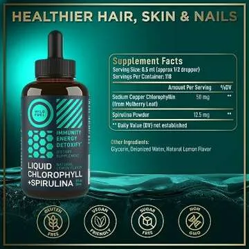 Liquid Chlorophyll Drops with Spirulina for Water - Full Strength Energy, Wellness, Immune Support Supplement - 50mg Chlorophyll Liquid, 12.5mg Spirulina - Lemon Flavor Detox Drink - 2oz, 118 Servings