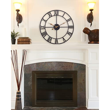 18 Inch Large Wall Clock, Silent Non Ticking Battery Operated Roman Numeral Wall Clock, Industrial Metal Indoor Outdoor Analog Clock for Living Room, Kitchen, Pool, Patio Decor - Black