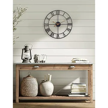 18 Inch Large Wall Clock, Silent Non Ticking Battery Operated Roman Numeral Wall Clock, Industrial Metal Indoor Outdoor Analog Clock for Living Room, Kitchen, Pool, Patio Decor - Black