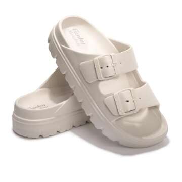 FUNKYMONKEY EVA Slides for Women Thick-sole Adjustable Double Buckle Waterproof Platform Sandals (8 M US, Beige/HDSPK)