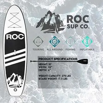 Roc Inflatable Stand Up Paddle Boards with Premium SUP Paddle Board Accessories, Wide Stable Design, Non-Slip Comfort Deck for Youth & Adults (Black W/Kayak Seat)