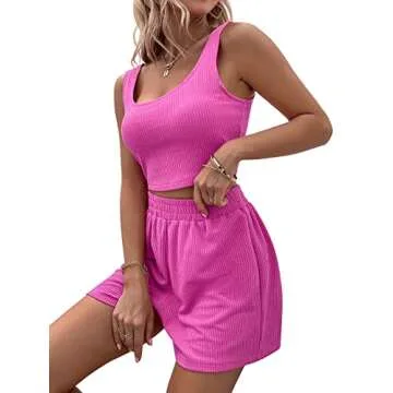Verdusa Women's 2 Piece Ribbed Crop Tank Top and Shorts Tracksuit Set Hot Pink S
