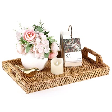 Hipiwe Rattan Serving Tray with Handles - Hand-Woven Decorative Tray for Storage Breakfast, Drinks, ...