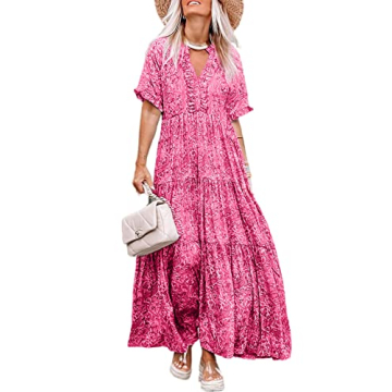 Acelitt Women Plus Size Floral Boho Dresses Casual Short Sleeve V Neck Ruffle Tie Pink Trendy 2023 S...