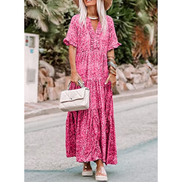 Acelitt Women Plus Size Floral Boho Dresses Casual Short Sleeve V Neck Ruffle Tie Pink Trendy 2023 Summer Swing A line Long Maxi Dress Pink XXL