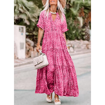 Acelitt Women Plus Size Floral Boho Dresses Casual Short Sleeve V Neck Ruffle Tie Pink Trendy 2023 Summer Swing A line Long Maxi Dress Pink XXL