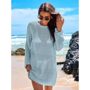 ANRABESS Women Swimsuit Crochet Swim Cover Up 2025 Summer Bathing Suit Swimwear Mesh Knit Beach Dress Vacation Outfits Sky Blue Large