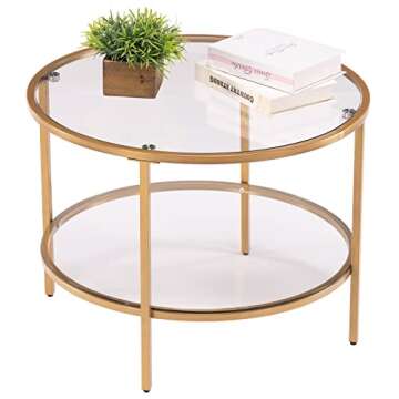 VINGLI 25.6" Round Gold Coffee Tables for Living Room, 2-Tier Glass Top Coffee Table with Storage Clear Coffee, Simple & Modern Center Table for Small Space