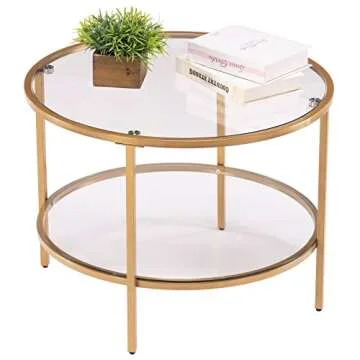 VINGLI 25.6" Round Gold Coffee Tables for Living Room, 2-Tier Glass Top Coffee Table with Storage Clear Coffee, Simple & Modern Center Table for Small Space