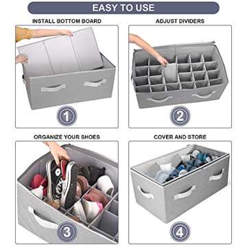 Moteph Shoe Organizer for Closet - Shoe Storage Organizer for Closet Organization with Clear Cover & Adjustable Dividers, Shoe Rack & Basket - (Grey, Large - 24 Pairs)