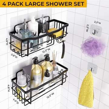 MAYRO Shower Shelves 4 Pack - Rustproof Shower Caddy - Easy to Install - Self Adhesive Bathroom Shower Organizer - Durable Shower Shelf for Inside Shower - Large Capacity Black Shower Rack