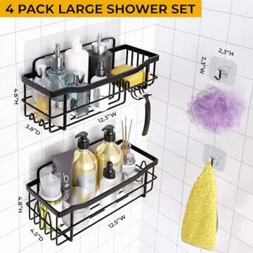 MAYRO Shower Shelves 4 Pack - Rustproof Shower Caddy - Easy to Install - Self Adhesive Bathroom Shower Organizer - Durable Shower Shelf for Inside Shower - Large Capacity Black Shower Rack