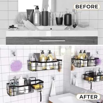 MAYRO Shower Shelves 4 Pack - Rustproof Shower Caddy - Easy to Install - Self Adhesive Bathroom Shower Organizer - Durable Shower Shelf for Inside Shower - Large Capacity Black Shower Rack