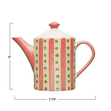 Creative Co-Op Hand-Painted Stoneware Teapot with Strainer