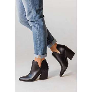FISACE Womens Pointed Toe Stacked Mid Heel Ankle Boots V Cut Back Zipper Faux Leather Booties