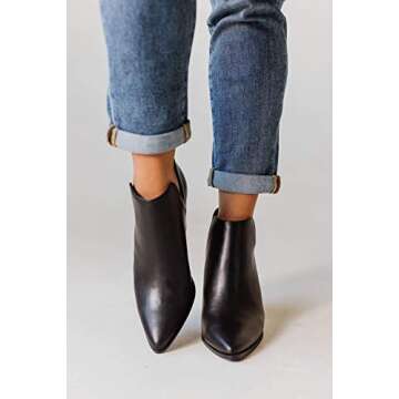 FISACE Womens Pointed Toe Stacked Mid Heel Ankle Boots V Cut Back Zipper Faux Leather Booties