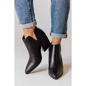 FISACE Womens Pointed Toe Stacked Mid Heel Ankle Boots V Cut Back Zipper Faux Leather Booties