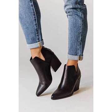 FISACE Womens Pointed Toe Stacked Mid Heel Ankle Boots V Cut Back Zipper Faux Leather Booties