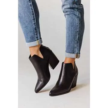 FISACE Womens Pointed Toe Stacked Mid Heel Ankle Boots V Cut Back Zipper Faux Leather Booties