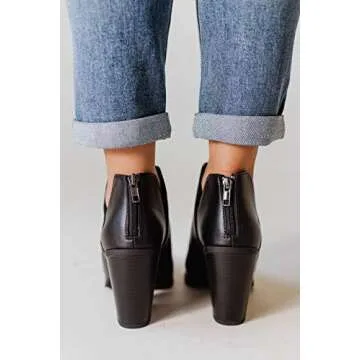 FISACE Womens Pointed Toe Stacked Mid Heel Ankle Boots V Cut Back Zipper Faux Leather Booties