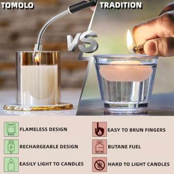 TOMOLO Electric Lighter Candle Lighter Rechargeable Grill Lighter Arc Lighter with Flexible Neck, Battery Display Safety Switch for Candle Camping Cooking BBQs Fireworks (Black&Silver)