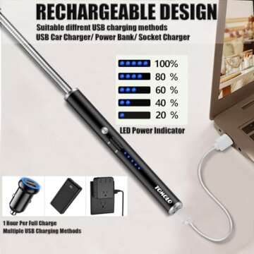 TOMOLO Electric Lighter Candle Lighter Rechargeable Grill Lighter Arc Lighter with Flexible Neck, Battery Display Safety Switch for Candle Camping Cooking BBQs Fireworks (Black&Silver)