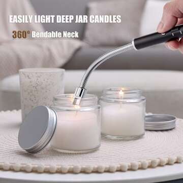 TOMOLO Electric Lighter Candle Lighter Rechargeable Grill Lighter Arc Lighter with Flexible Neck, Battery Display Safety Switch for Candle Camping Cooking BBQs Fireworks (Black&Silver)