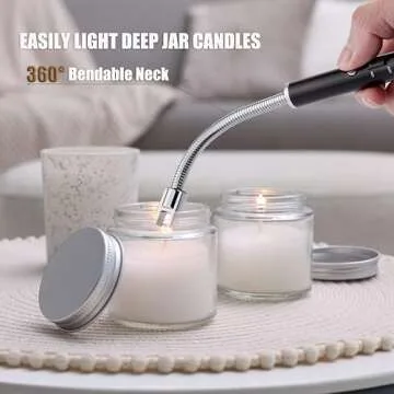 TOMOLO Electric Lighter Candle Lighter Rechargeable Grill Lighter Arc Lighter with Flexible Neck, Battery Display Safety Switch for Candle Camping Cooking BBQs Fireworks (Black&Silver)