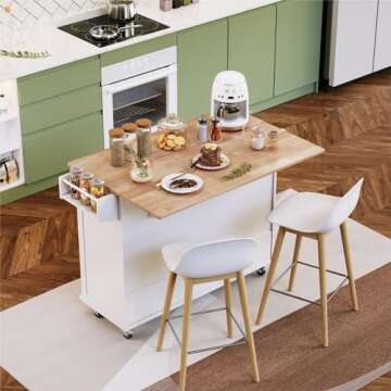 MFSTUDIO Rolling Kitchen Island on Wheels with Drop-Leaf, Mobile Kitchen Island Cart with 3 Drawers ...