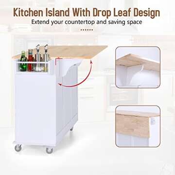 MFSTUDIO Rolling Kitchen Island on Wheels with Drop-Leaf, Mobile Kitchen Island Cart with 3 Drawers Storage Cabinet, Wood Countertop, Adjustable Shelf, Towel Bar and Spice Rack for Dining Room, White
