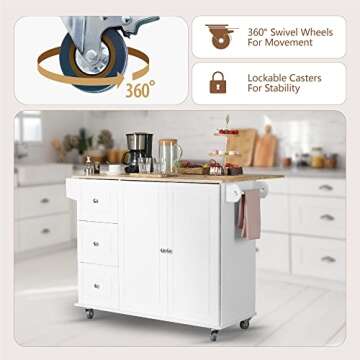 MFSTUDIO Rolling Kitchen Island on Wheels with Drop-Leaf, Mobile Kitchen Island Cart with 3 Drawers Storage Cabinet, Wood Countertop, Adjustable Shelf, Towel Bar and Spice Rack for Dining Room, White