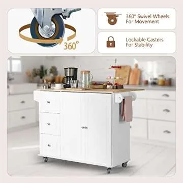 MFSTUDIO Rolling Kitchen Island on Wheels with Drop-Leaf, Mobile Kitchen Island Cart with 3 Drawers Storage Cabinet, Wood Countertop, Adjustable Shelf, Towel Bar and Spice Rack for Dining Room, White
