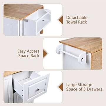 MFSTUDIO Rolling Kitchen Island on Wheels with Drop-Leaf, Mobile Kitchen Island Cart with 3 Drawers Storage Cabinet, Wood Countertop, Adjustable Shelf, Towel Bar and Spice Rack for Dining Room, White