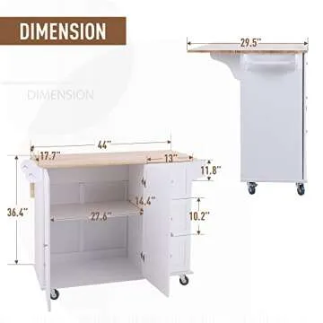 MFSTUDIO Rolling Kitchen Island on Wheels with Drop-Leaf, Mobile Kitchen Island Cart with 3 Drawers Storage Cabinet, Wood Countertop, Adjustable Shelf, Towel Bar and Spice Rack for Dining Room, White
