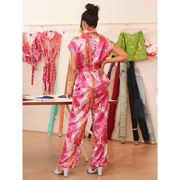 NIBHZ Women's suit Tropical Print Shawl Collar Dolman Sleeve Belted Satin Top & Pants suit for Women (Color : Multicolor, Size : Small)