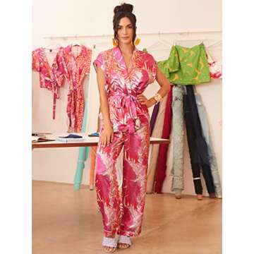 NIBHZ Women's suit Tropical Print Shawl Collar Dolman Sleeve Belted Satin Top & Pants suit for Women (Color : Multicolor, Size : Small)