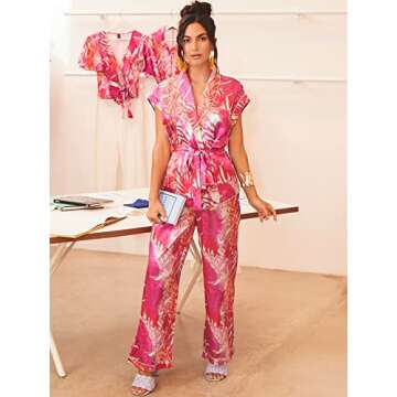 NIBHZ Women's suit Tropical Print Shawl Collar Dolman Sleeve Belted Satin Top & Pants suit for Women (Color : Multicolor, Size : Small)